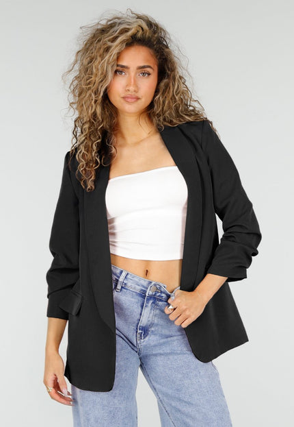 NEW2106 Zwarte Blazer met Geplooide Driekwart Mouwen