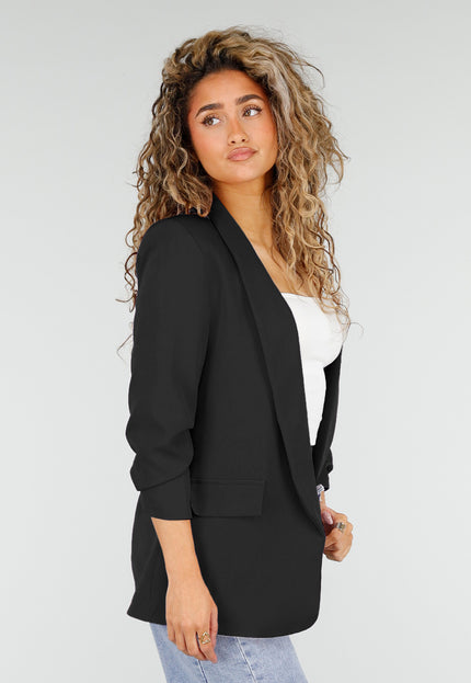 NEW2106 Zwarte Blazer met Geplooide Driekwart Mouwen