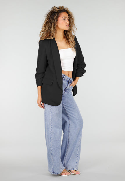 NEW2106 Zwarte Blazer met Geplooide Driekwart Mouwen