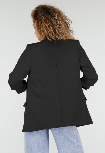 NEW2106 Zwarte Blazer met Geplooide Driekwart Mouwen