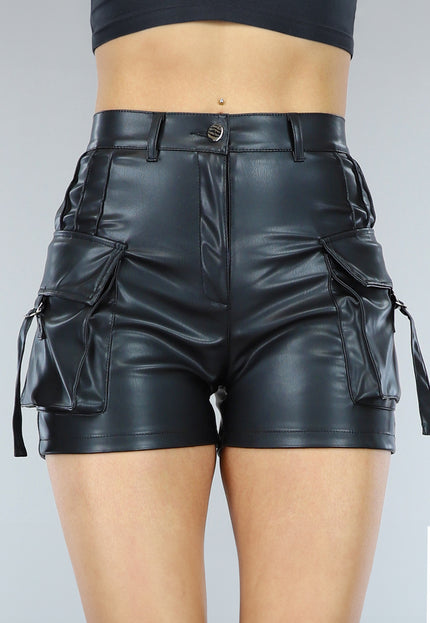 NEW2106 Zwarte Lederlook Cargo Short