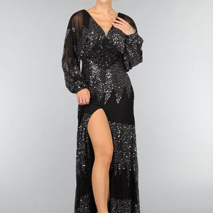 OP=OP.51.S Lange Zwarte Mesh Galajurk met Pailletten
