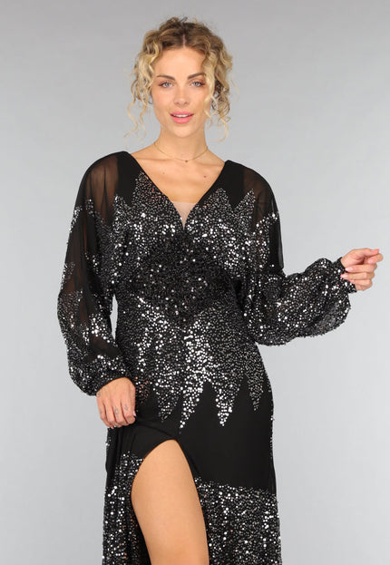 OP=OP.51.S Lange Zwarte Mesh Galajurk met Pailletten
