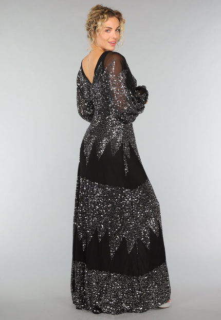 OP=OP.51.S Lange Zwarte Mesh Galajurk met Pailletten