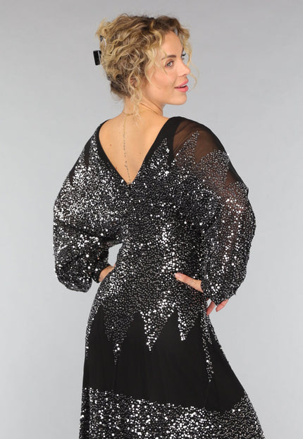 OP=OP.51.S Lange Zwarte Mesh Galajurk met Pailletten