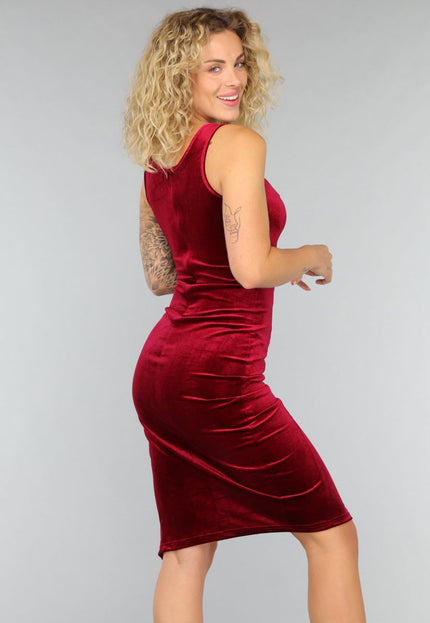 NEW2108 Wijnrode Velours Midi Jurk met Split