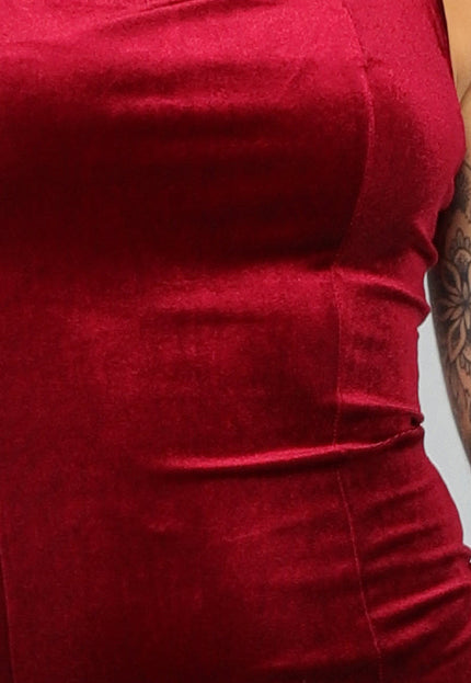 NEW2108 Wijnrode Velours Midi Jurk met Split