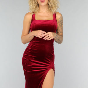 NEW2108 Wijnrode Velours Midi Jurk met Split