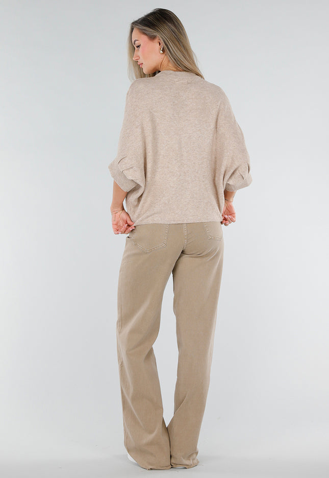 NEW211026 Beige Gebreid Wollen Vest met Striksluitingen