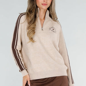 NEW211026 Beige Gebreide Zip Trui met Bruine Strepen