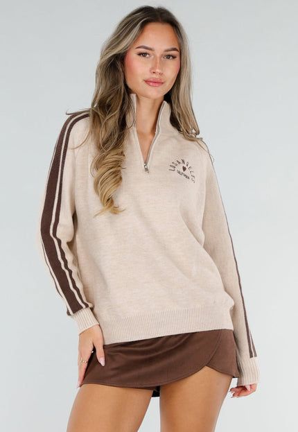 NEW211026 Beige Gebreide Zip Trui met Bruine Strepen