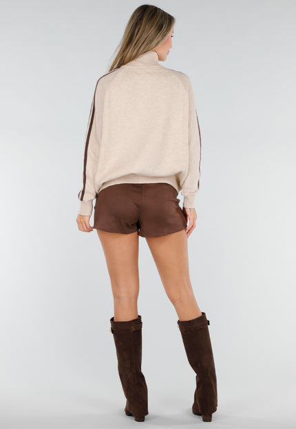 NEW211026 Beige Gebreide Zip Trui met Bruine Strepen