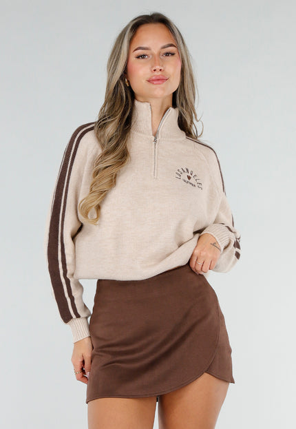 NEW211026 Beige Gebreide Zip Trui met Bruine Strepen