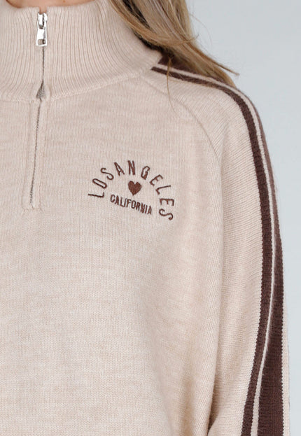 NEW211026 Beige Gebreide Zip Trui met Bruine Strepen
