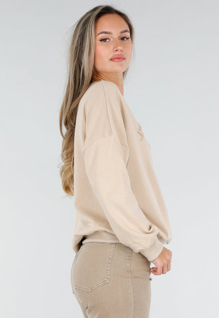 NEW211026 Beige Sweater met Geborduurde Tekst