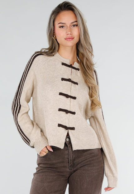 NEW211026 Beige Wollen Gebreid Vest met Bruine Sluitingen