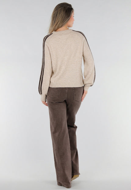 NEW211026 Beige Wollen Gebreid Vest met Bruine Sluitingen