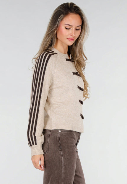 NEW211026 Beige Wollen Gebreid Vest met Bruine Sluitingen