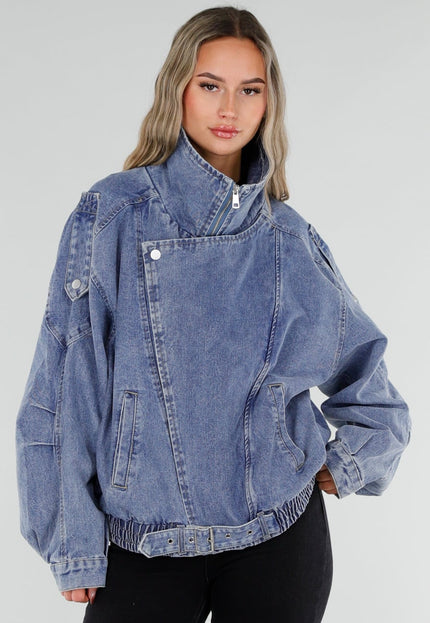 NEW211026 Blauw Denim Jack met Hoge Kraag en Riem