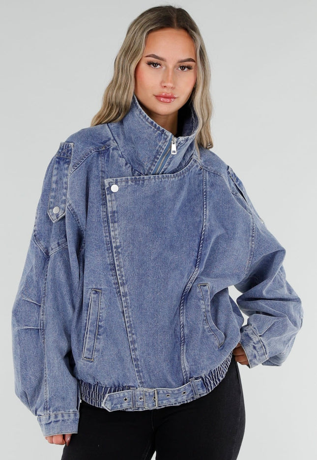 NEW211026 Blauw Denim Jack met Hoge Kraag en Riem