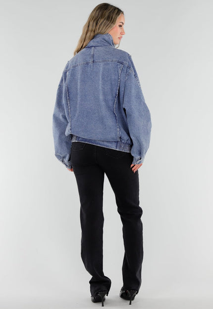NEW211026 Blauw Denim Jack met Hoge Kraag en Riem