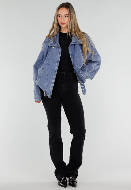 NEW211026 Blauw Denim Jack met Hoge Kraag en Riem