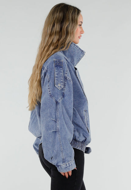 NEW211026 Blauw Denim Jack met Hoge Kraag en Riem