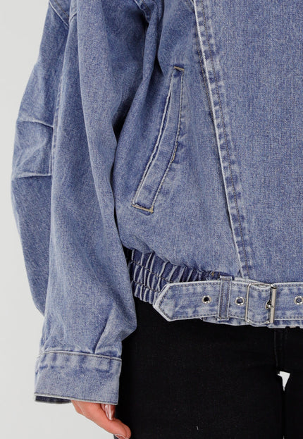 NEW211026 Blauw Denim Jack met Hoge Kraag en Riem