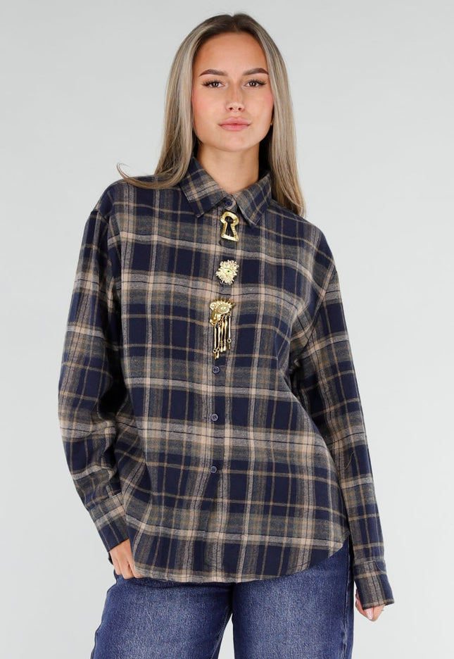 NEW211026 Blauwe Geruite Blouse met Gouden Broches