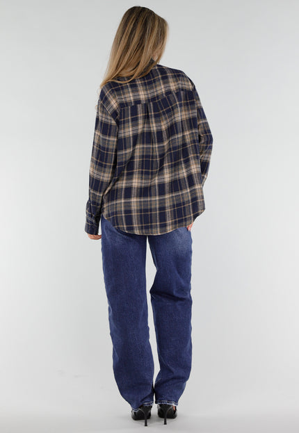 NEW211026 Blauwe Geruite Blouse met Gouden Broches