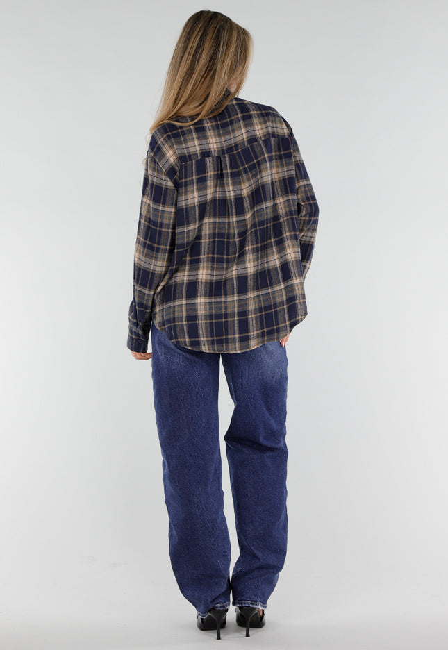 NEW211026 Blauwe Geruite Blouse met Gouden Broches