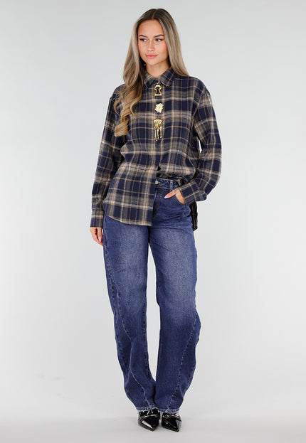 NEW211026 Blauwe Geruite Blouse met Gouden Broches