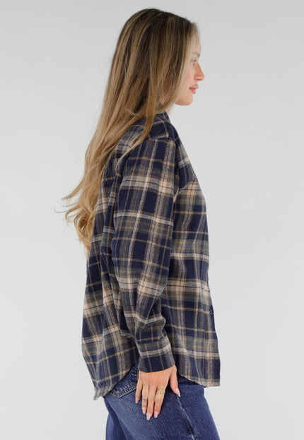 NEW211026 Blauwe Geruite Blouse met Gouden Broches