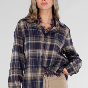 NEW211026 Blauwe Geruite Blouse met Kant