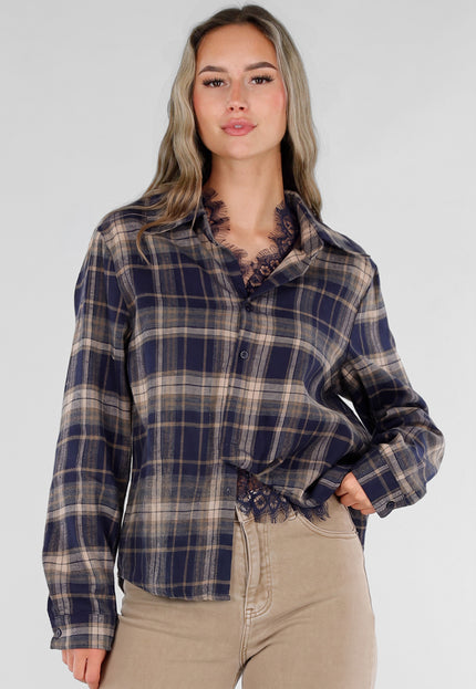NEW211026 Blauwe Geruite Blouse met Kant