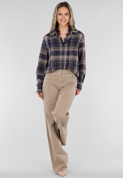 NEW211026 Blauwe Geruite Blouse met Kant
