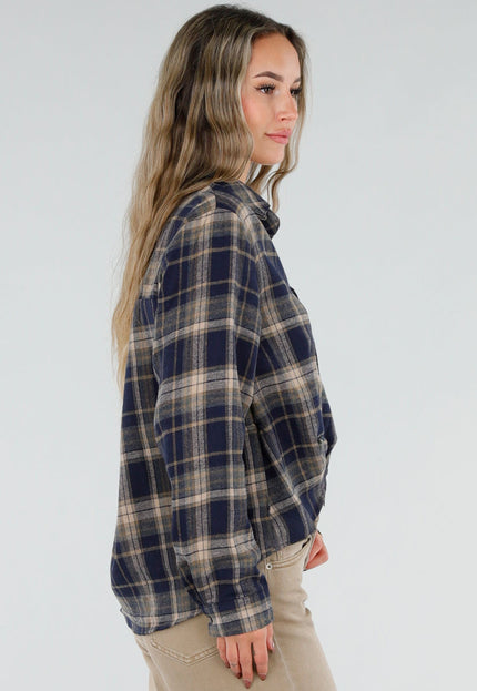 NEW211026 Blauwe Geruite Blouse met Kant