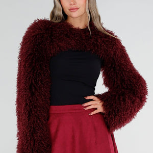 NEW211026 Bordeaux Faux Fur Bolero met Lange Mouwen