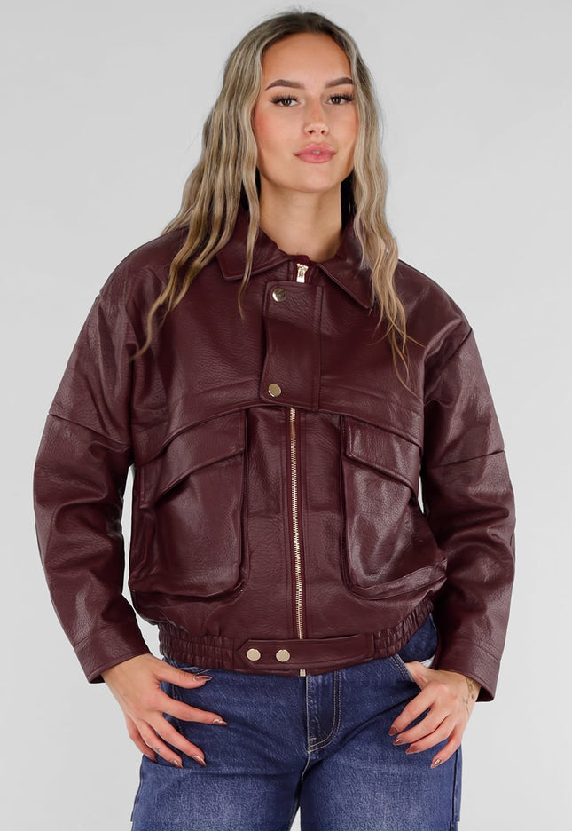 NEW211026 Bordeaux Lederlook Jack met Gouden Knopen