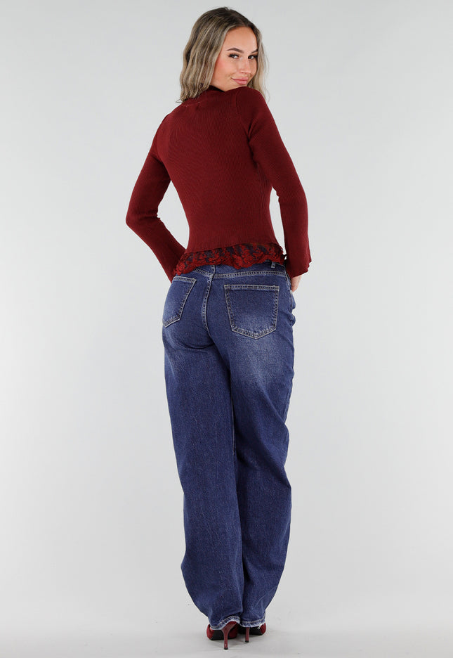 NEW211026 Bordeaux Ribgebreid Vest met Kant en Knopen