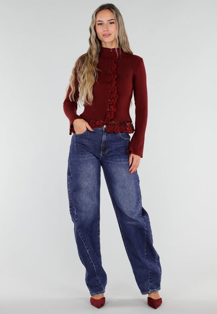 NEW211026 Bordeaux Ribgebreid Vest met Kant en Knopen