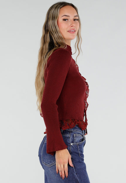 NEW211026 Bordeaux Ribgebreid Vest met Kant en Knopen
