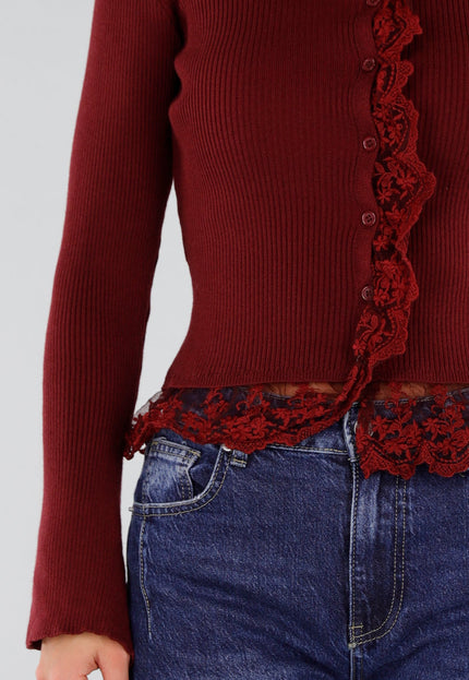 NEW211026 Bordeaux Ribgebreid Vest met Kant en Knopen
