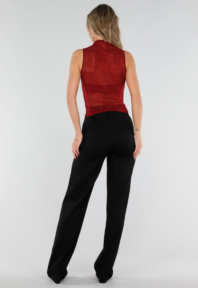 NEW211026 Bordeaux Strass Mesh Top met Hoge Hals