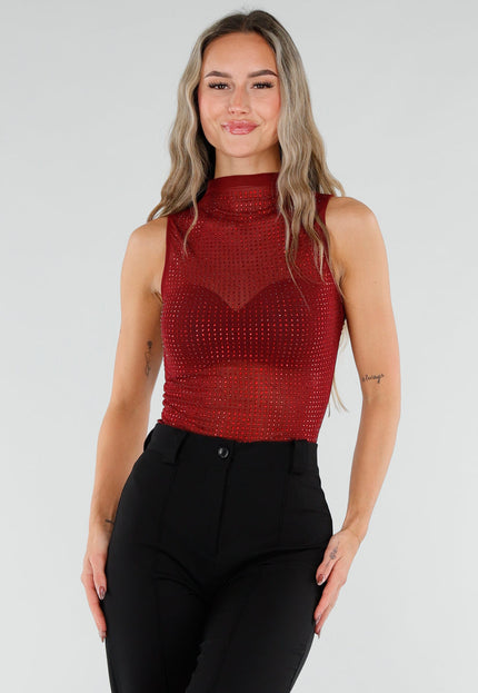 NEW211026 Bordeaux Strass Mesh Top met Hoge Hals