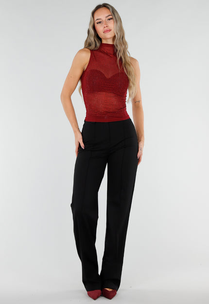 NEW211026 Bordeaux Strass Mesh Top met Hoge Hals