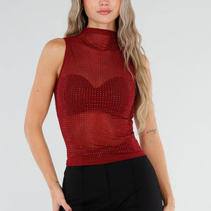 NEW211026 Bordeaux Strass Mesh Top met Hoge Hals
