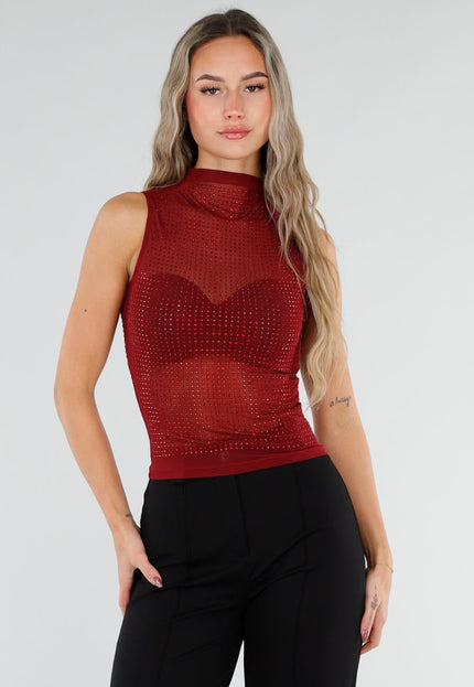 NEW211026 Bordeaux Strass Mesh Top met Hoge Hals