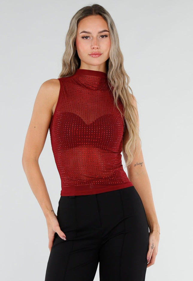 NEW211026 Bordeaux Strass Mesh Top met Hoge Hals