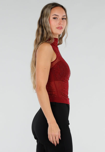 NEW211026 Bordeaux Strass Mesh Top met Hoge Hals